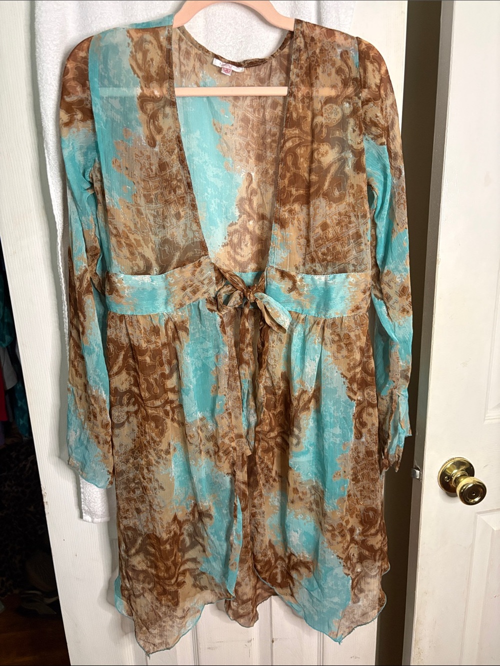 Tie-Front Long Sleeve Kimono in Turquoise and Brown